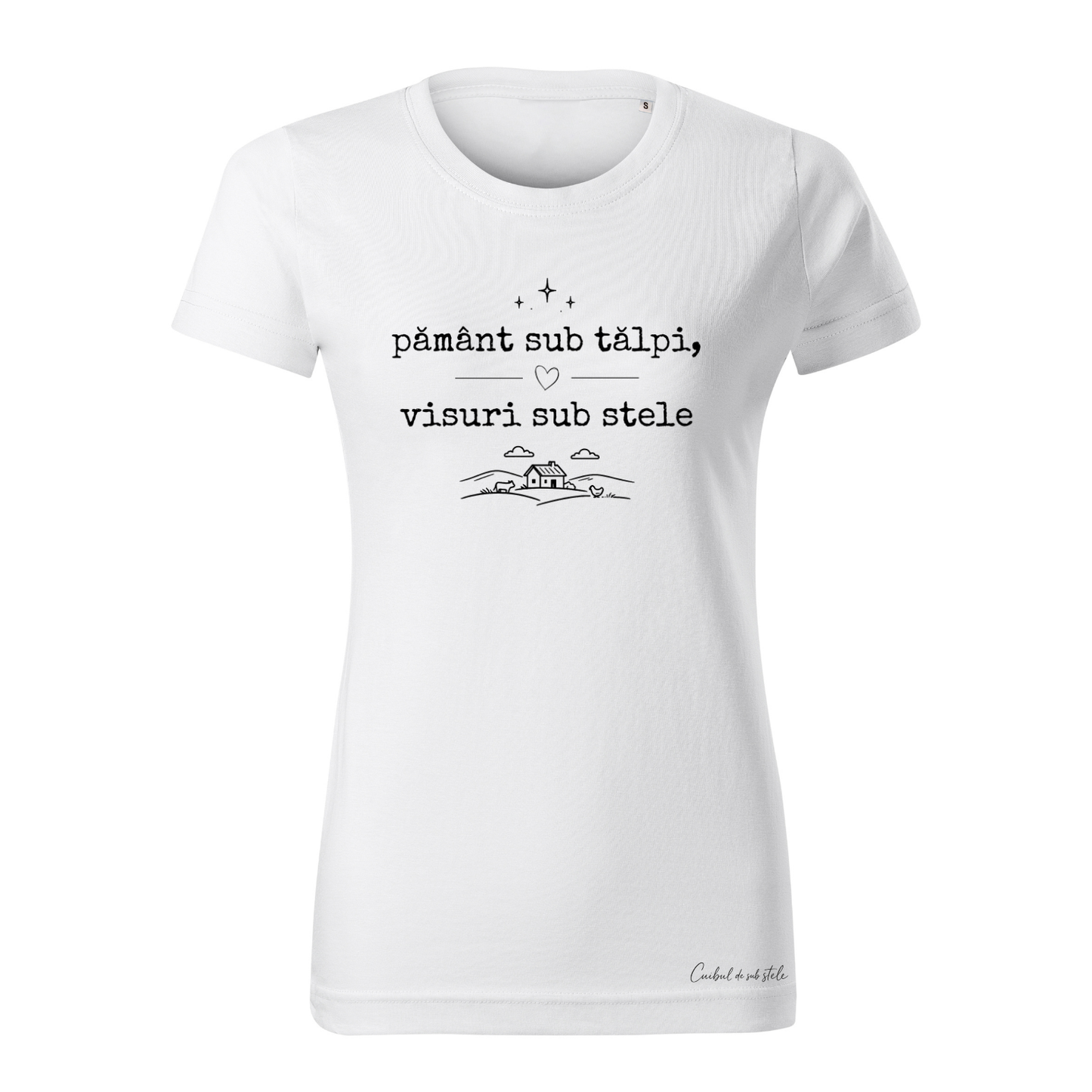 Tricou damă „Pământ sub tălpi, visuri sub stele” - Alb